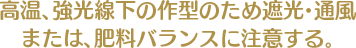 高温、強光線下の作型のため遮光・通風または、肥料バランスに注意する。